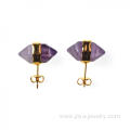 Amethyst Hexagonal Pyramid Beads Gilding Stud Earrings